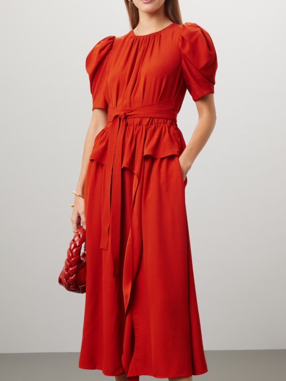 Ulla Johnson Marion Orange Poppy Peplum Wrap Tie Waist Midi Dress - Size 4